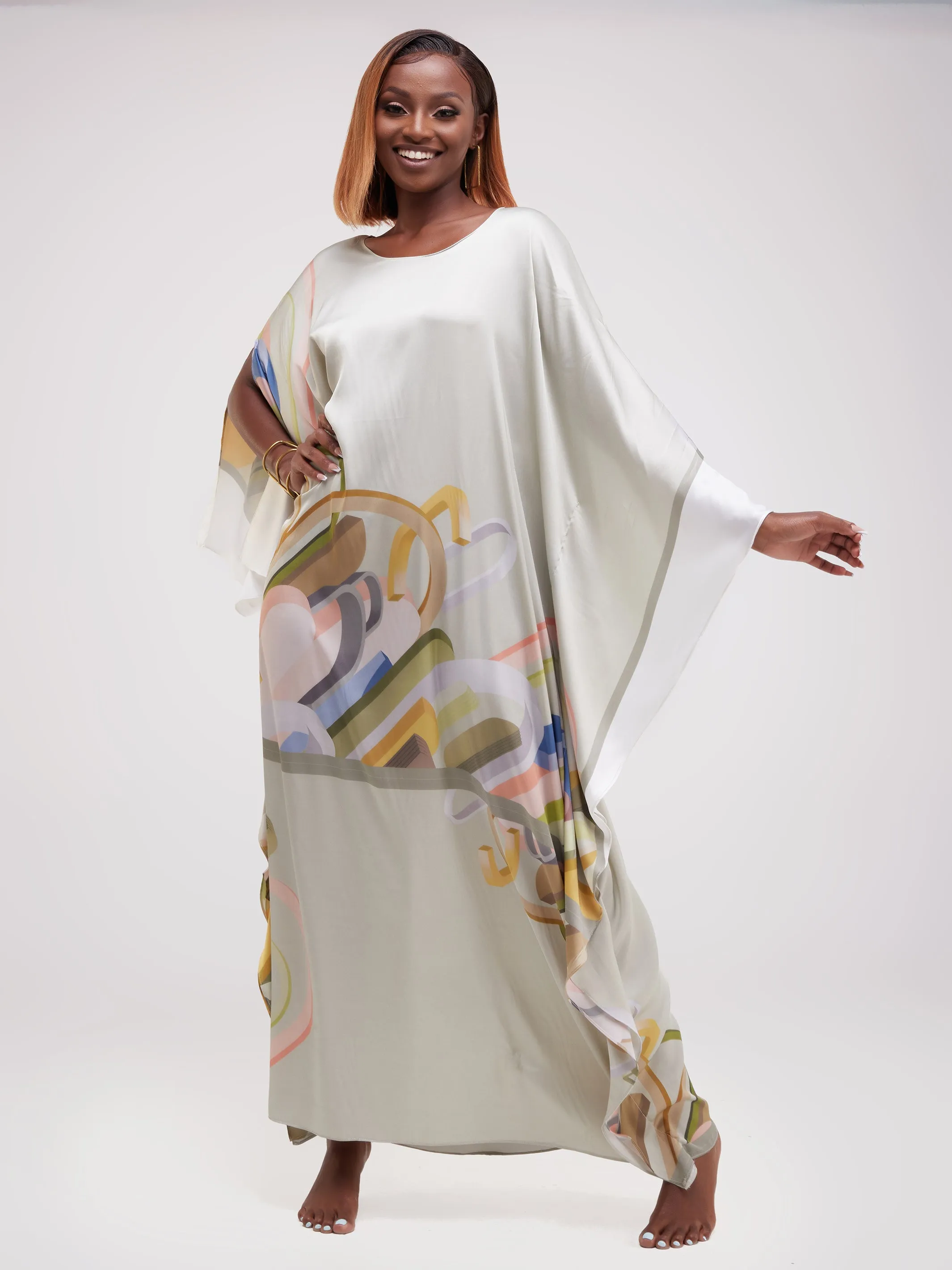 Vivo Lamu Satin Maxi Dira Dress - Beige / Green Print