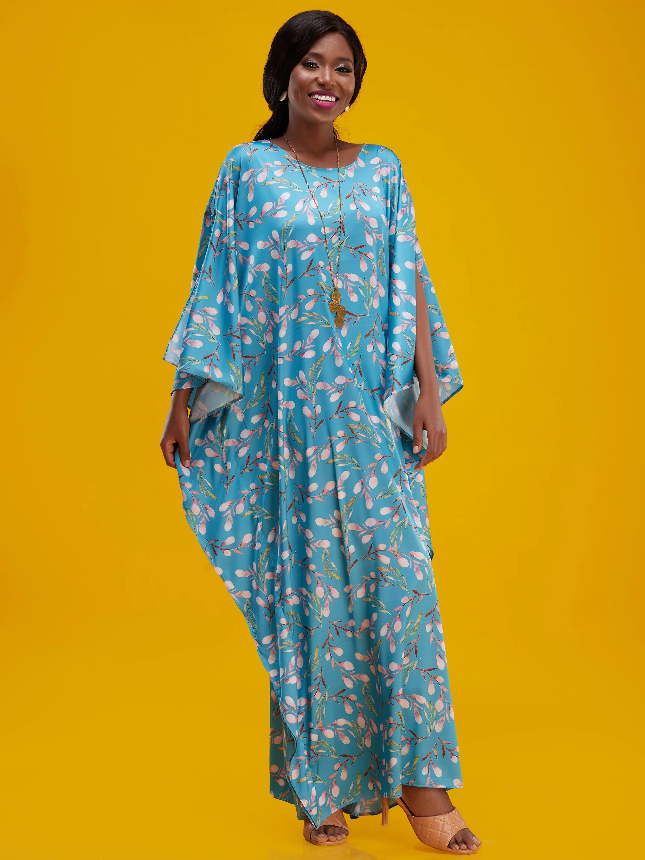 Vivo Lamu Satin Maxi Dira Dress - Blue / Pink Print