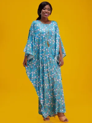 Vivo Lamu Satin Maxi Dira Dress - Blue / Pink Print