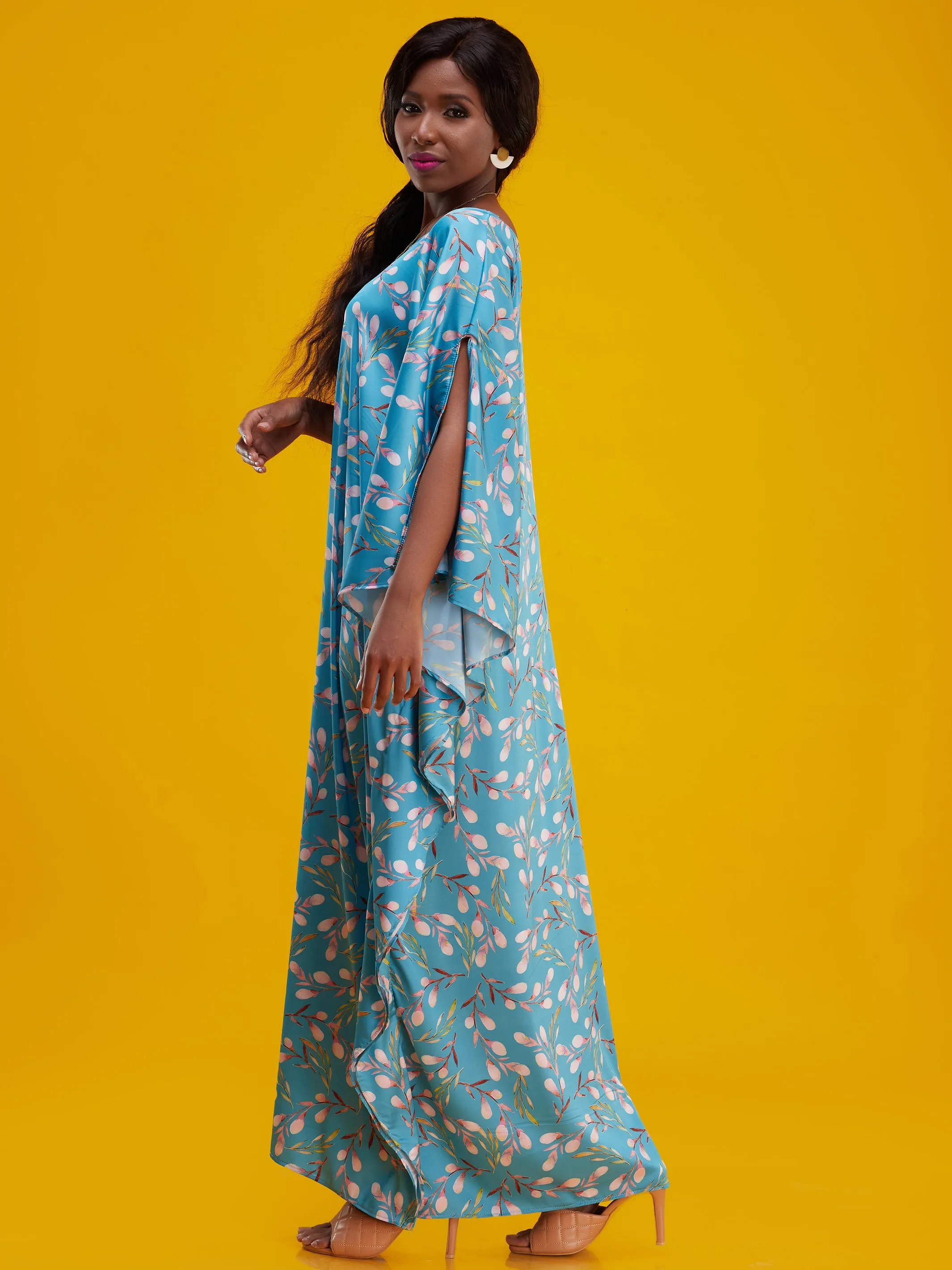Vivo Lamu Satin Maxi Dira Dress - Blue / Pink Print