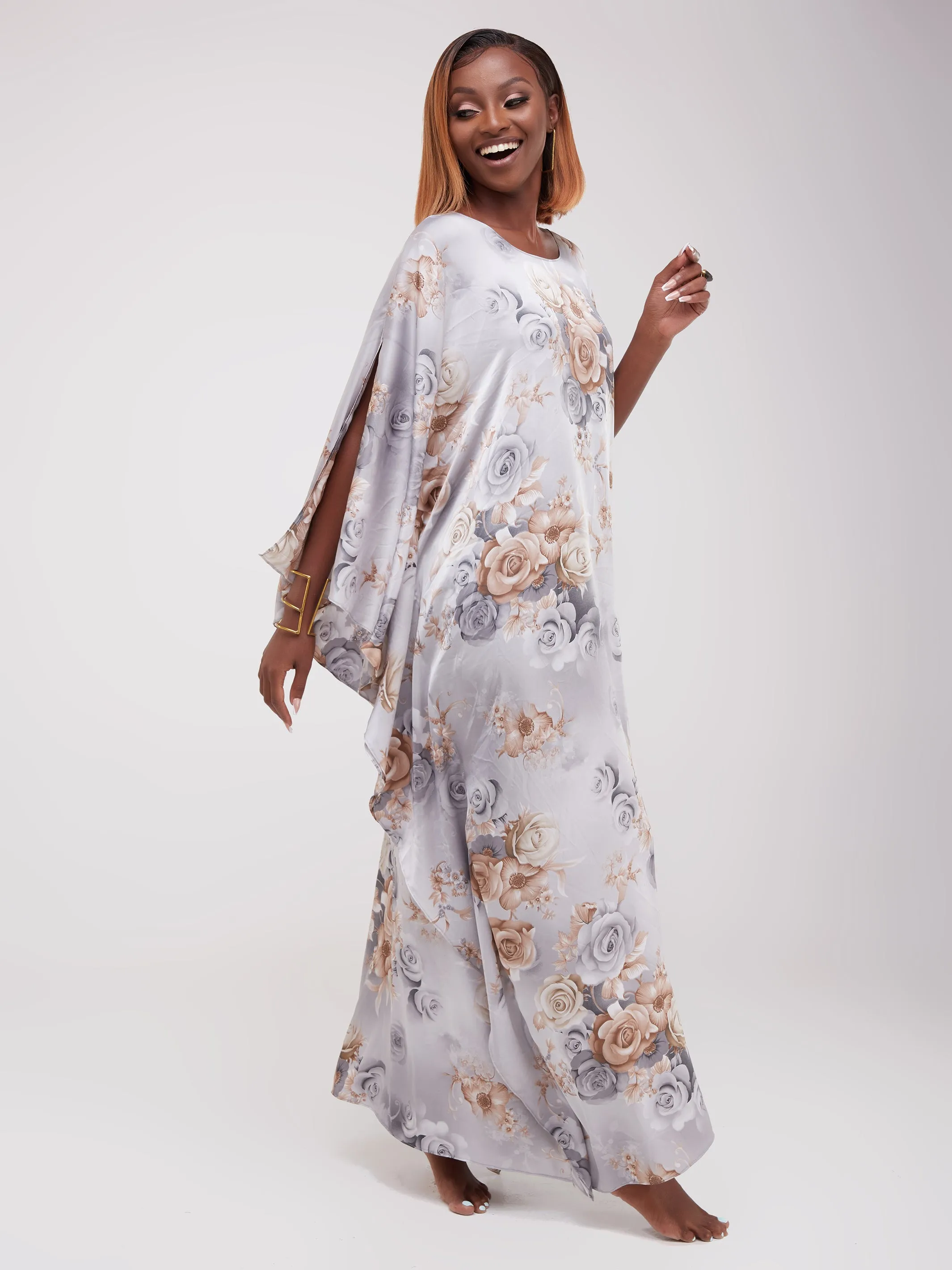 Vivo Lamu Satin Maxi Dira Dress - Grey Floral Print