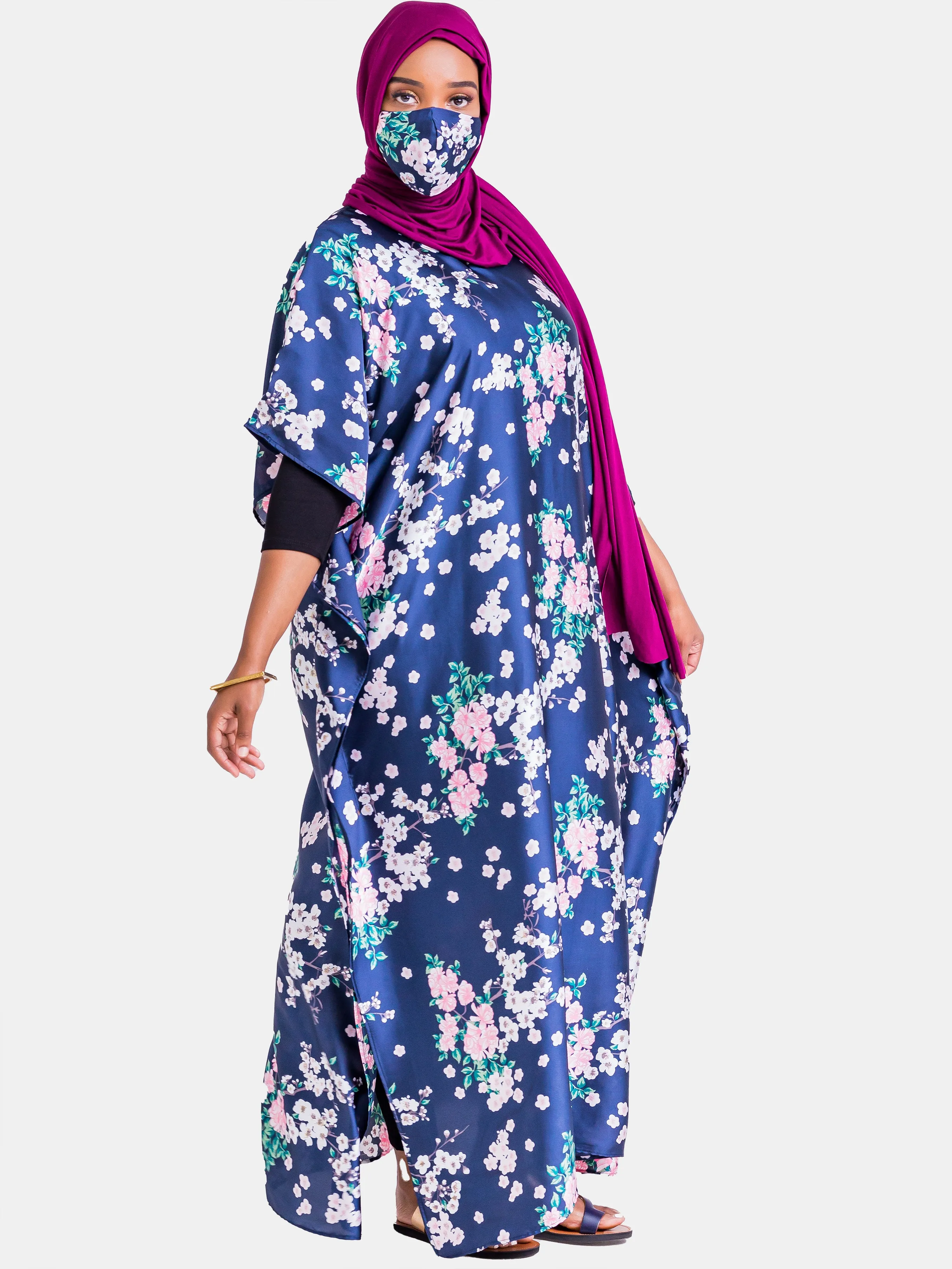 Vivo Satin Maxi Dira Dress - Navy Blue Floral