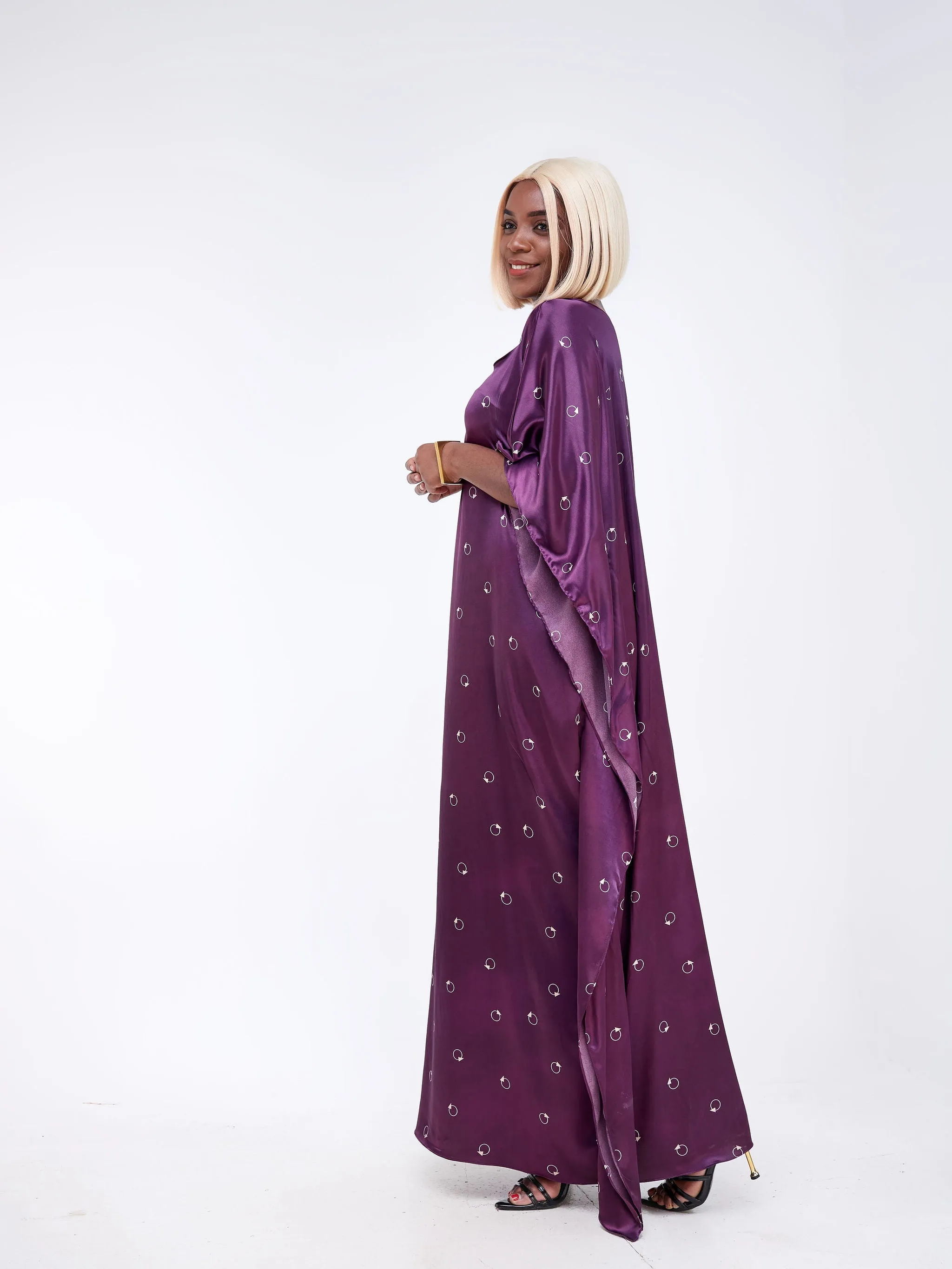 Vivo Satin Maxi Dira Dress - Purple Geometric Print