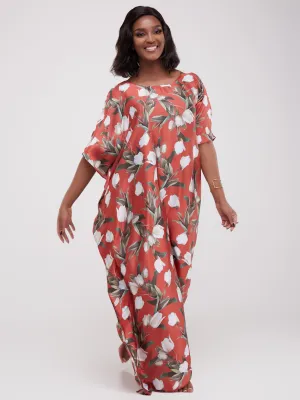 Vivo Satin Maxi Dira Dress - Rust Floral Print