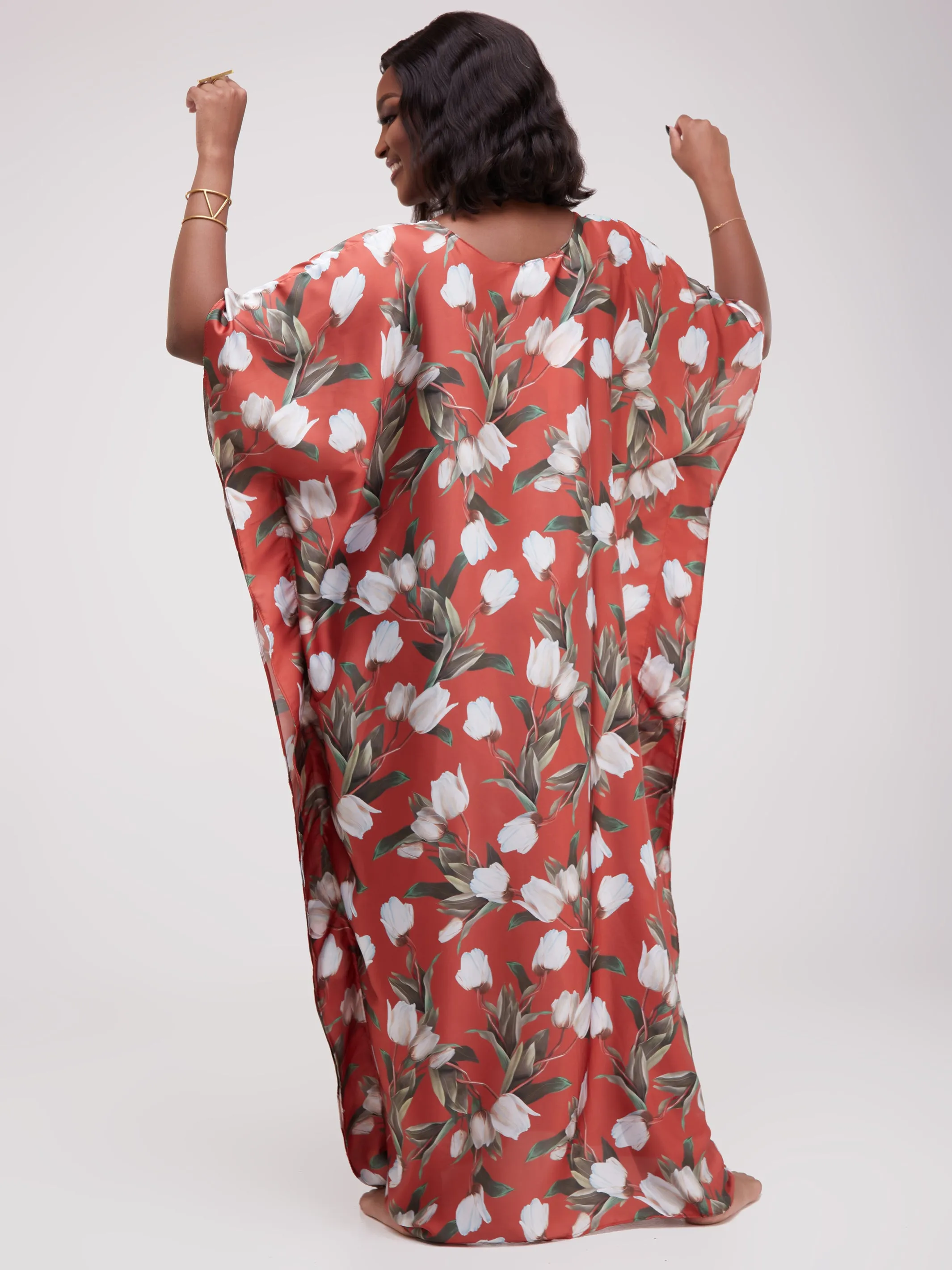 Vivo Satin Maxi Dira Dress - Rust Floral Print
