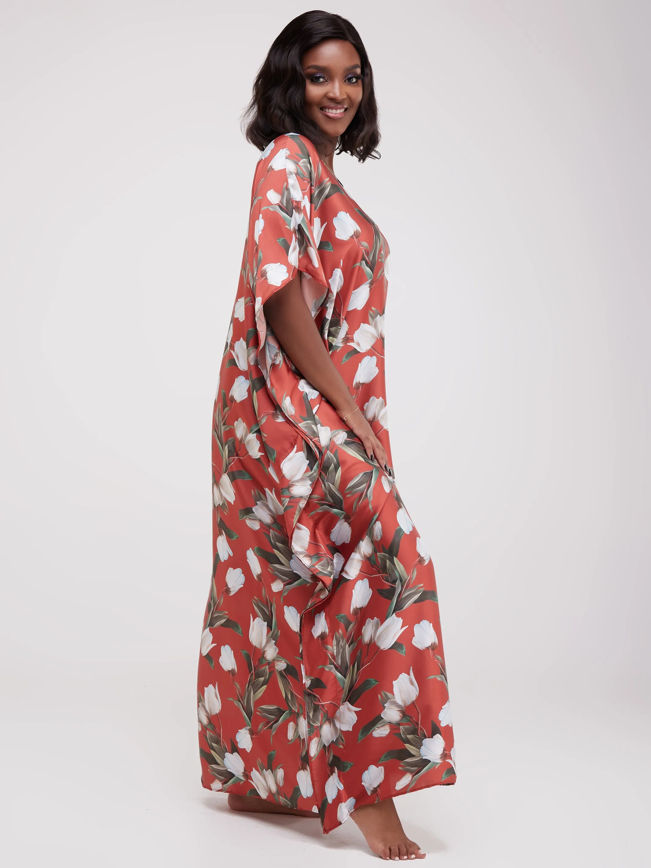 Vivo Satin Maxi Dira Dress - Rust Floral Print