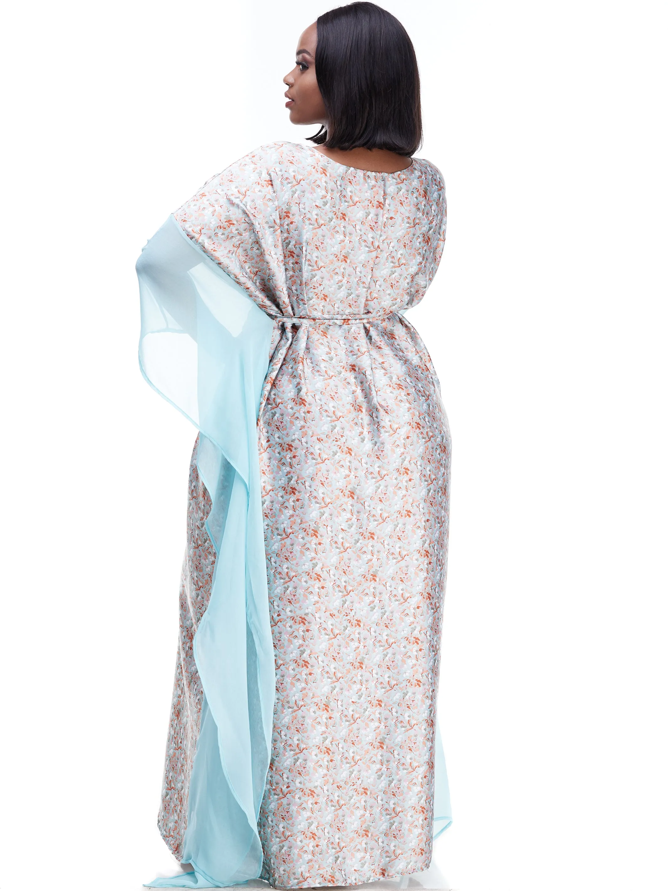 Vivo Watamu Side Border Belted Maxi Kaftan - Turquoise Print