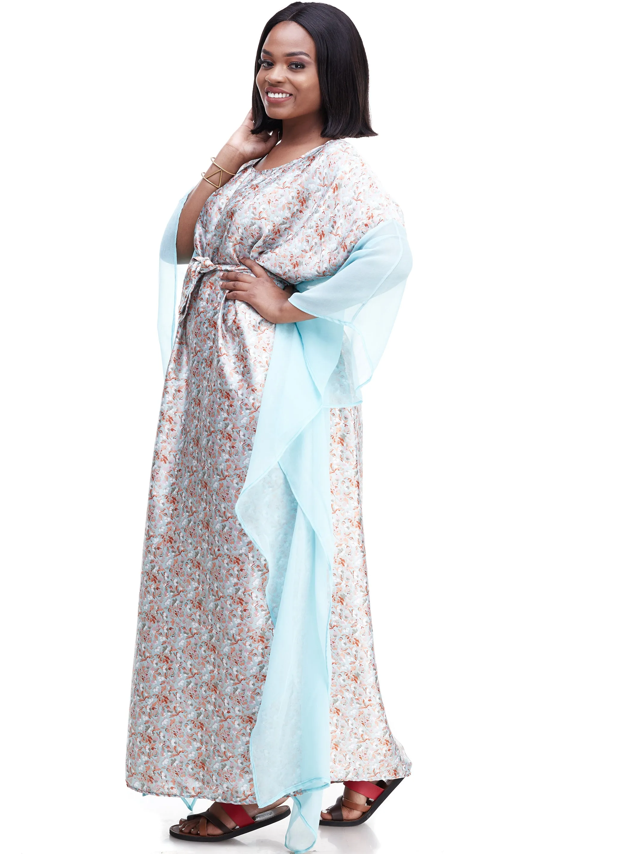 Vivo Watamu Side Border Belted Maxi Kaftan - Turquoise Print