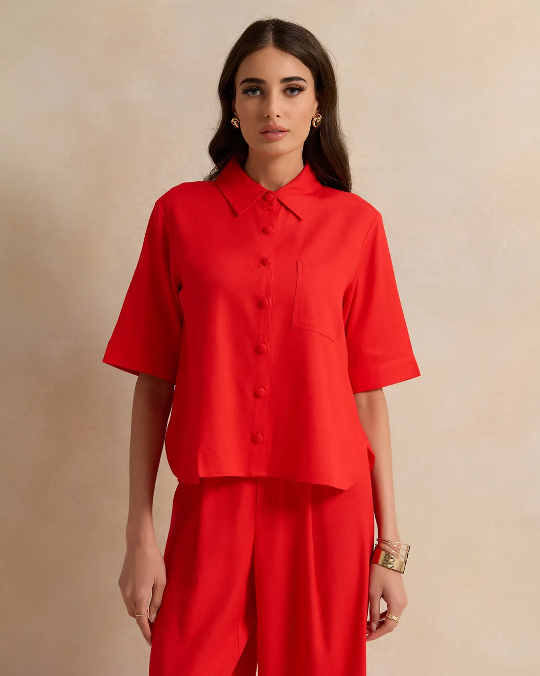 Women Solid Red Button Down Blouse