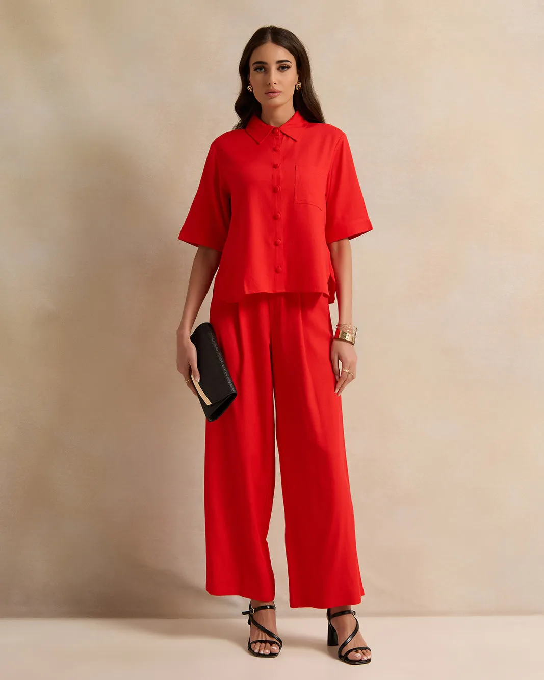 Women Solid Red Button Down Blouse