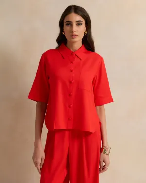 Women Solid Red Button Down Blouse