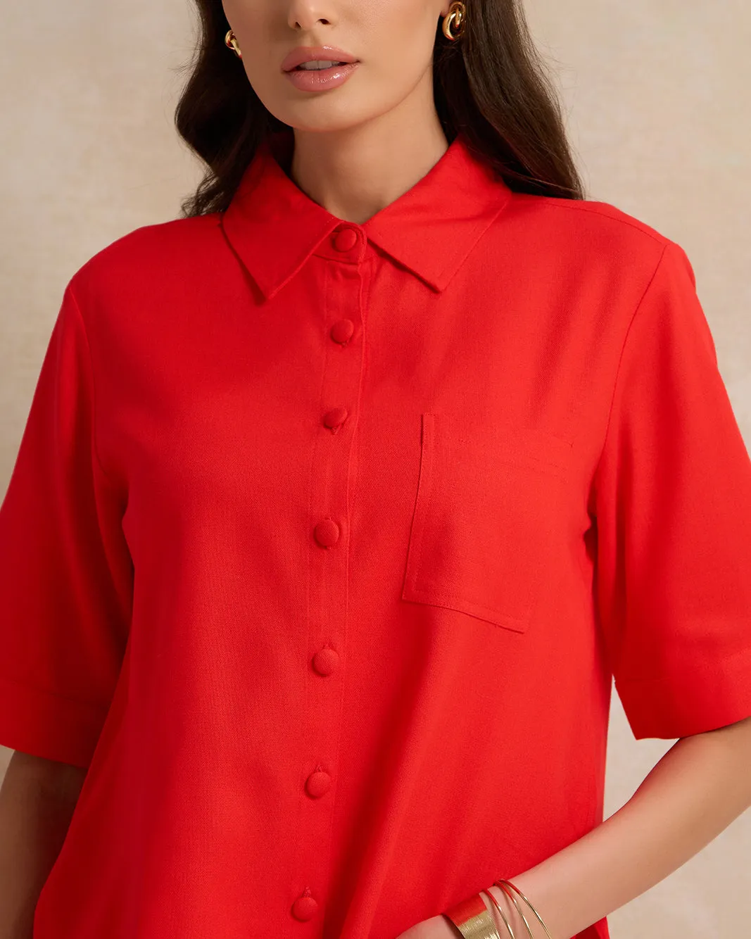 Women Solid Red Button Down Blouse