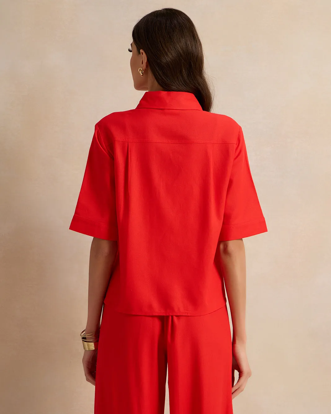 Women Solid Red Button Down Blouse