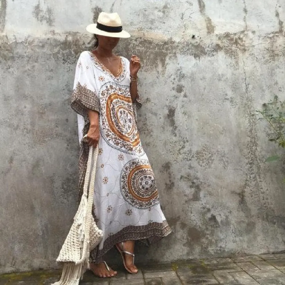Women Summer Beach Dress Cotton Ethnic Print Kaftan Maxi Dress  Summer Loose Vintage Boho Beach Long Dress Vestidos Q393