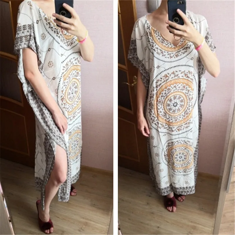 Women Summer Beach Dress Cotton Ethnic Print Kaftan Maxi Dress  Summer Loose Vintage Boho Beach Long Dress Vestidos Q393