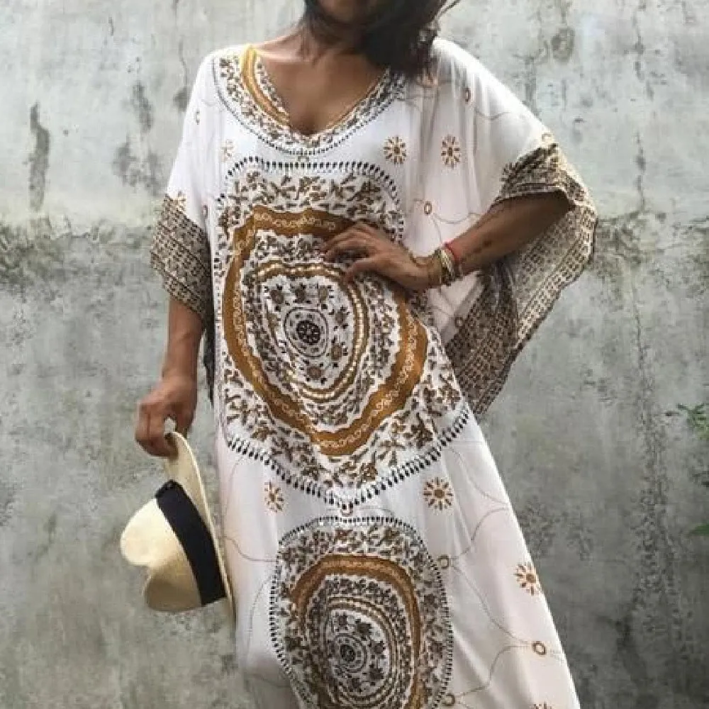 Women Summer Beach Dress Cotton Ethnic Print Kaftan Maxi Dress  Summer Loose Vintage Boho Beach Long Dress Vestidos Q393