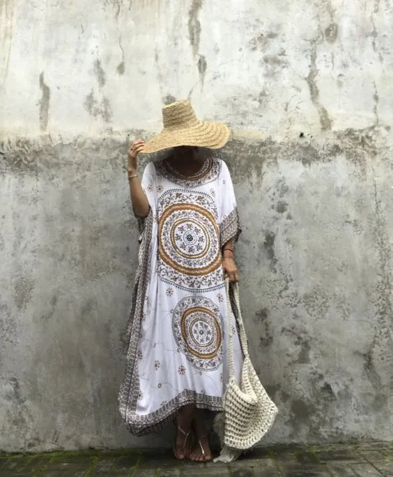 Women Summer Beach Dress Cotton Ethnic Print Kaftan Maxi Dress  Summer Loose Vintage Boho Beach Long Dress Vestidos Q393