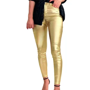 Women's Faux Leather Pants Sexy Metallic Party Trousers Clubwear Mid Waist Stretch Leggings with Pockets