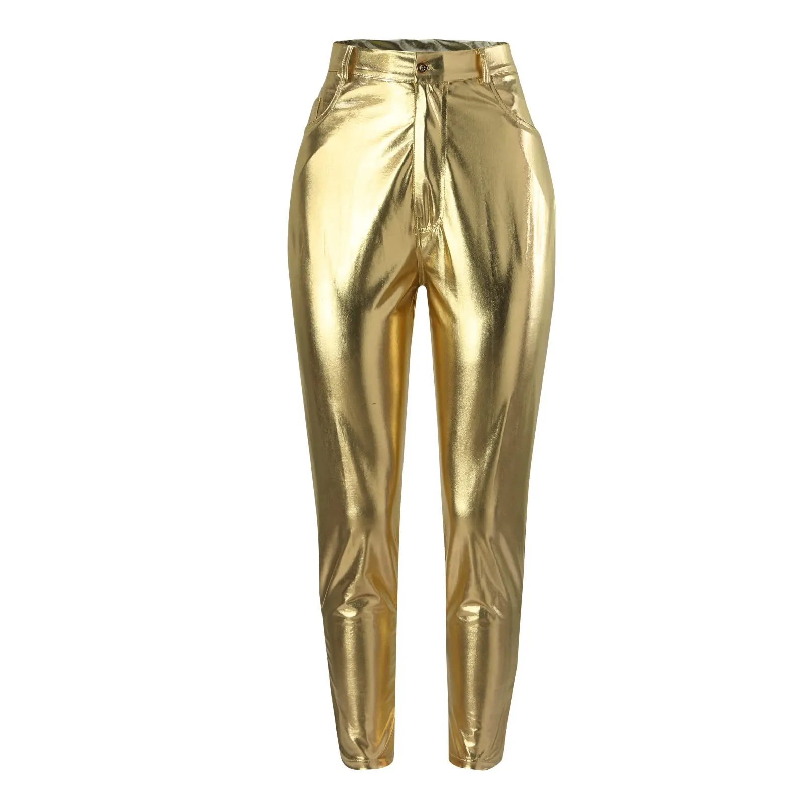 Women's Faux Leather Pants Sexy Metallic Party Trousers Clubwear Mid Waist Stretch Leggings with Pockets