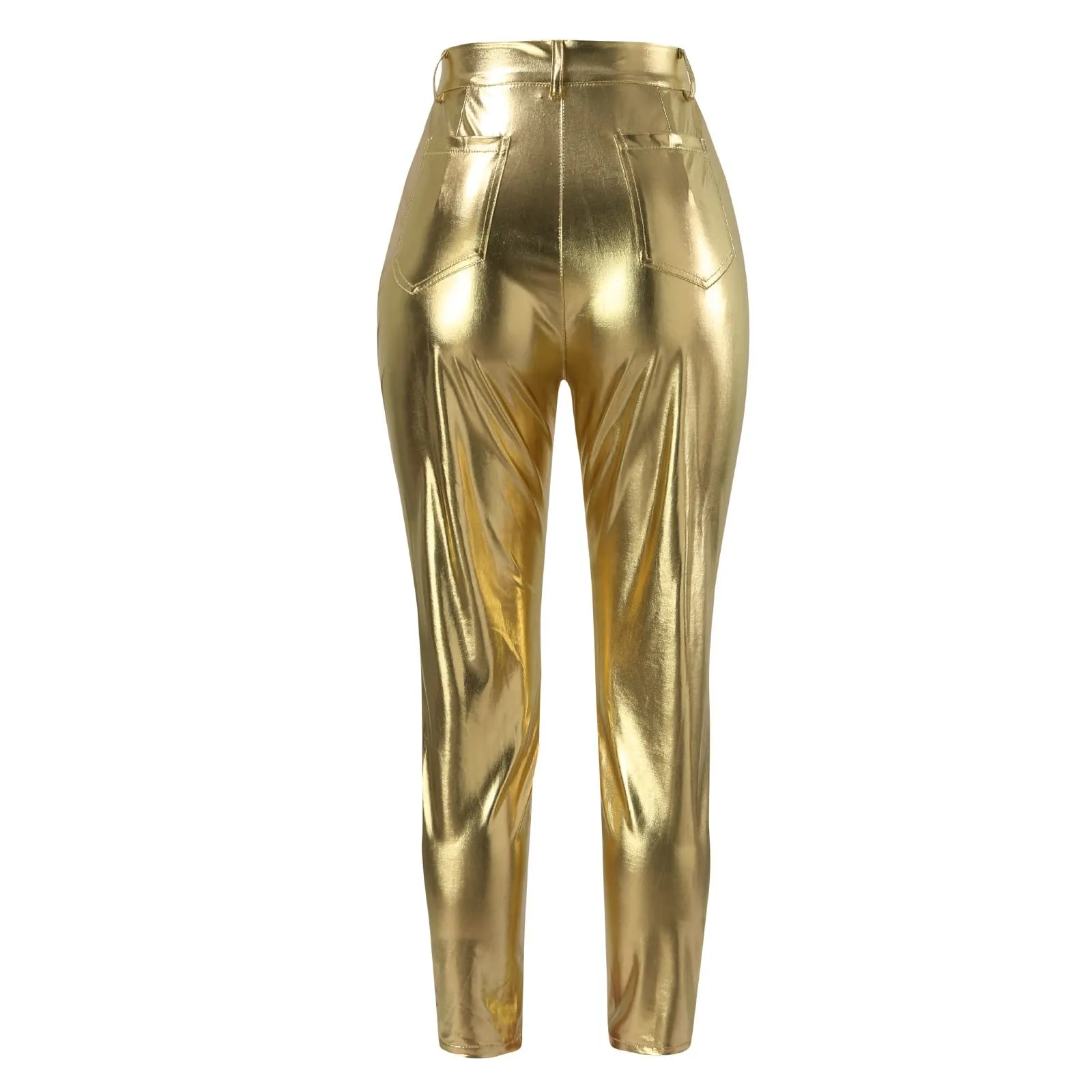 Women's Faux Leather Pants Sexy Metallic Party Trousers Clubwear Mid Waist Stretch Leggings with Pockets