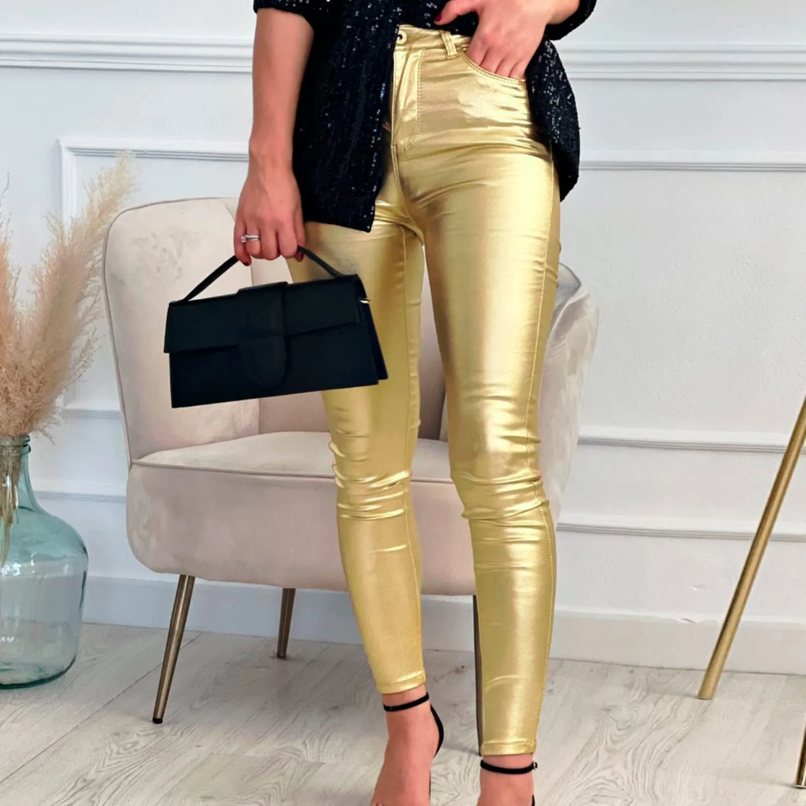 Women's Faux Leather Pants Sexy Metallic Party Trousers Clubwear Mid Waist Stretch Leggings with Pockets