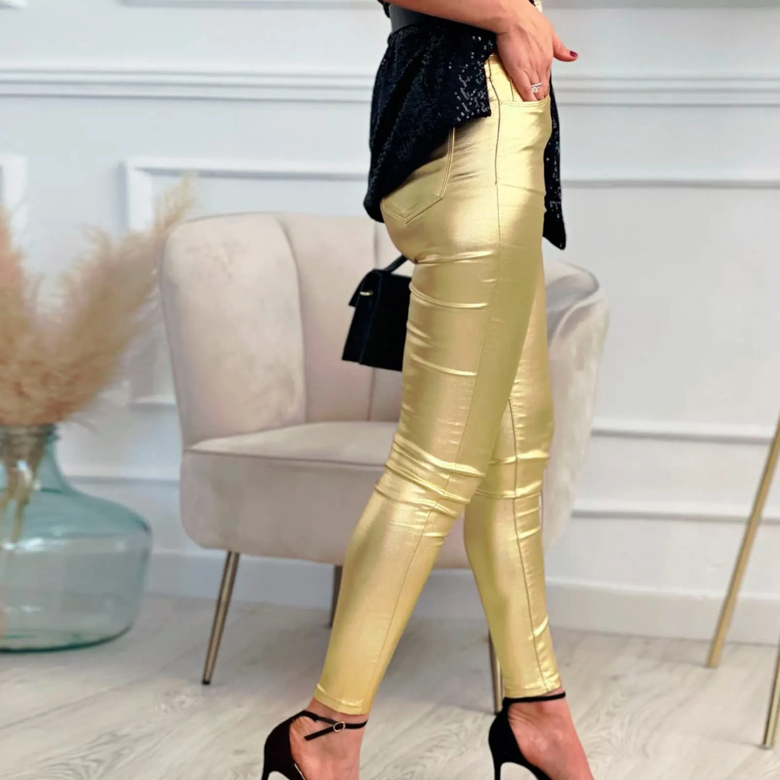 Women's Faux Leather Pants Sexy Metallic Party Trousers Clubwear Mid Waist Stretch Leggings with Pockets
