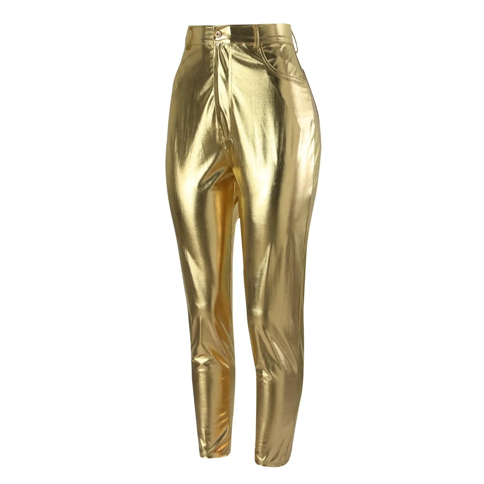 Women's Faux Leather Pants Sexy Metallic Party Trousers Clubwear Mid Waist Stretch Leggings with Pockets