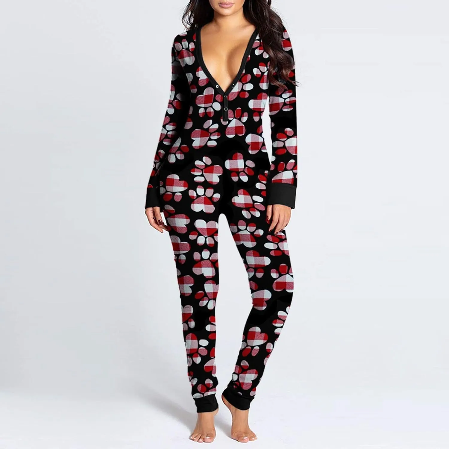 Womens Print Jumpsuit Long Sleeve Sexy Functional Buttoned Flap Adults Romper Sleepwear V-Neck One Piece Bodysuit Bodysuit