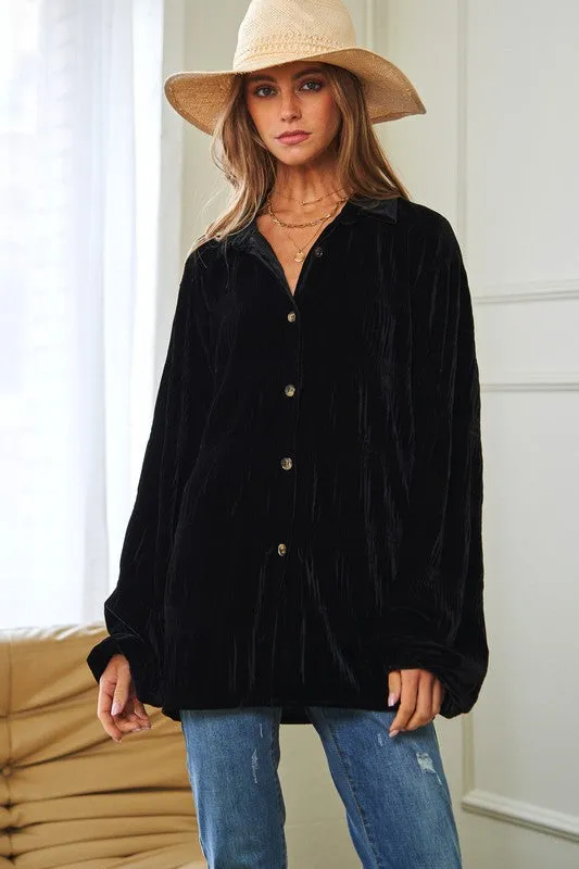 Wrinkle Effect Tiered Shirring Velvet Shirt - 3 color options