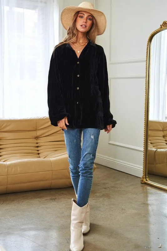Wrinkle Effect Tiered Shirring Velvet Shirt - 3 color options