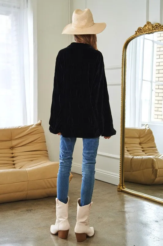 Wrinkle Effect Tiered Shirring Velvet Shirt - 3 color options
