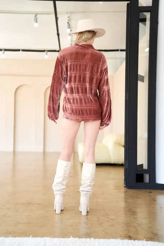 Wrinkle Effect Tiered Shirring Velvet Shirt - 3 color options