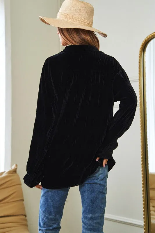Wrinkle Effect Tiered Shirring Velvet Shirt - 3 color options