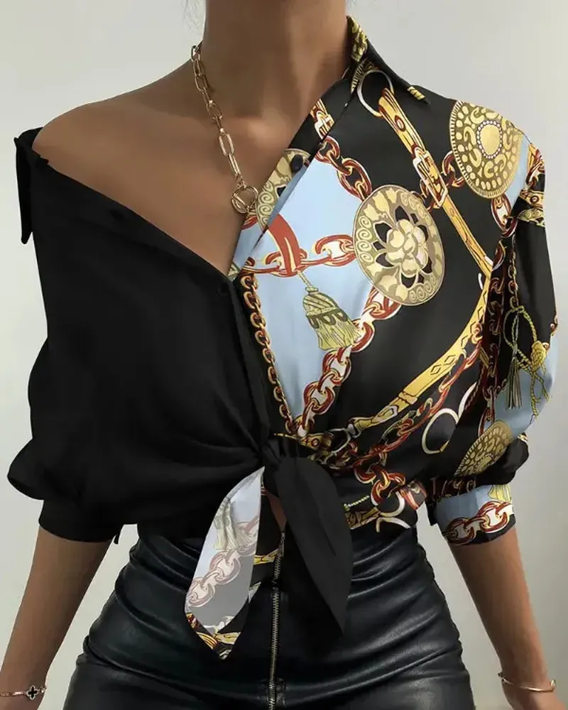 Xieyinshe - Chain Print Button Down Long Sleeve Shirt