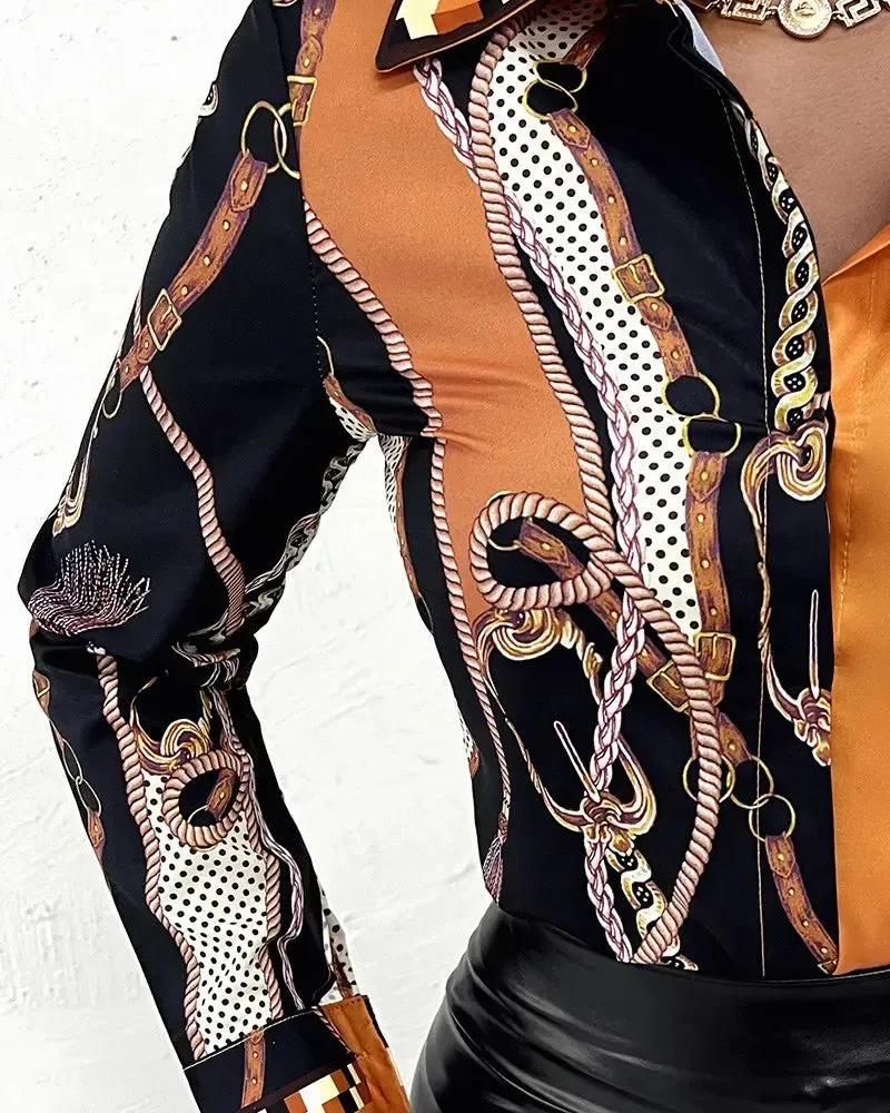 Xieyinshe - Chain Print Long Sleeve Button Down Shirt