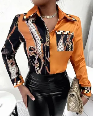 Xieyinshe - Chain Print Long Sleeve Button Down Shirt