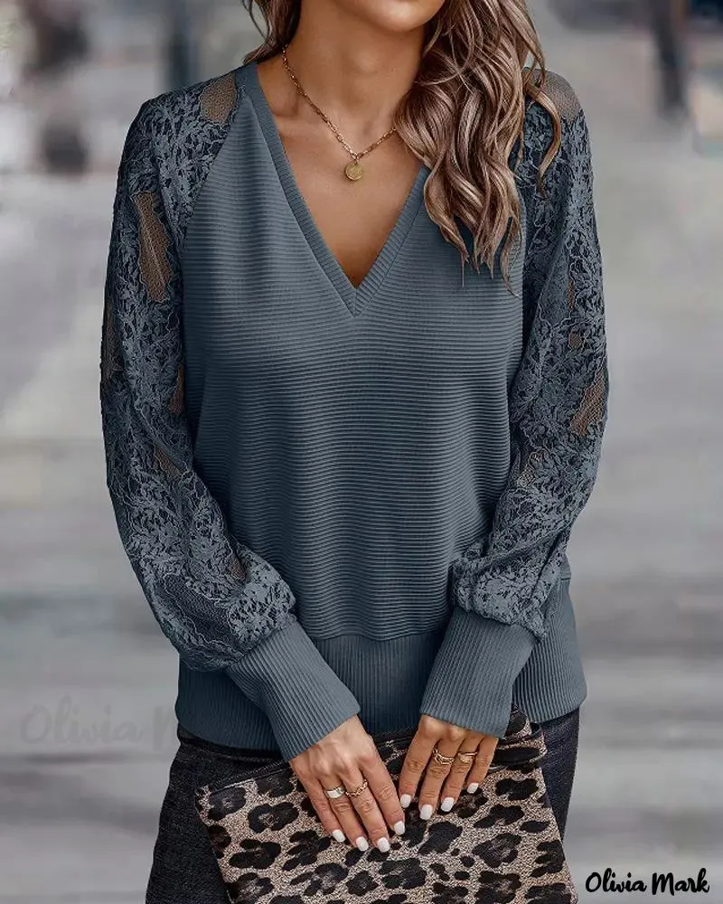 Xieyinshe - Contrast Lace Long Sleeve Top
