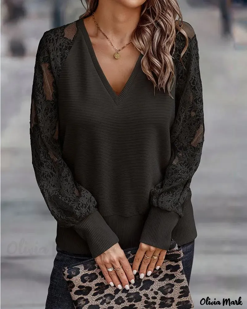 Xieyinshe - Contrast Lace Long Sleeve Top