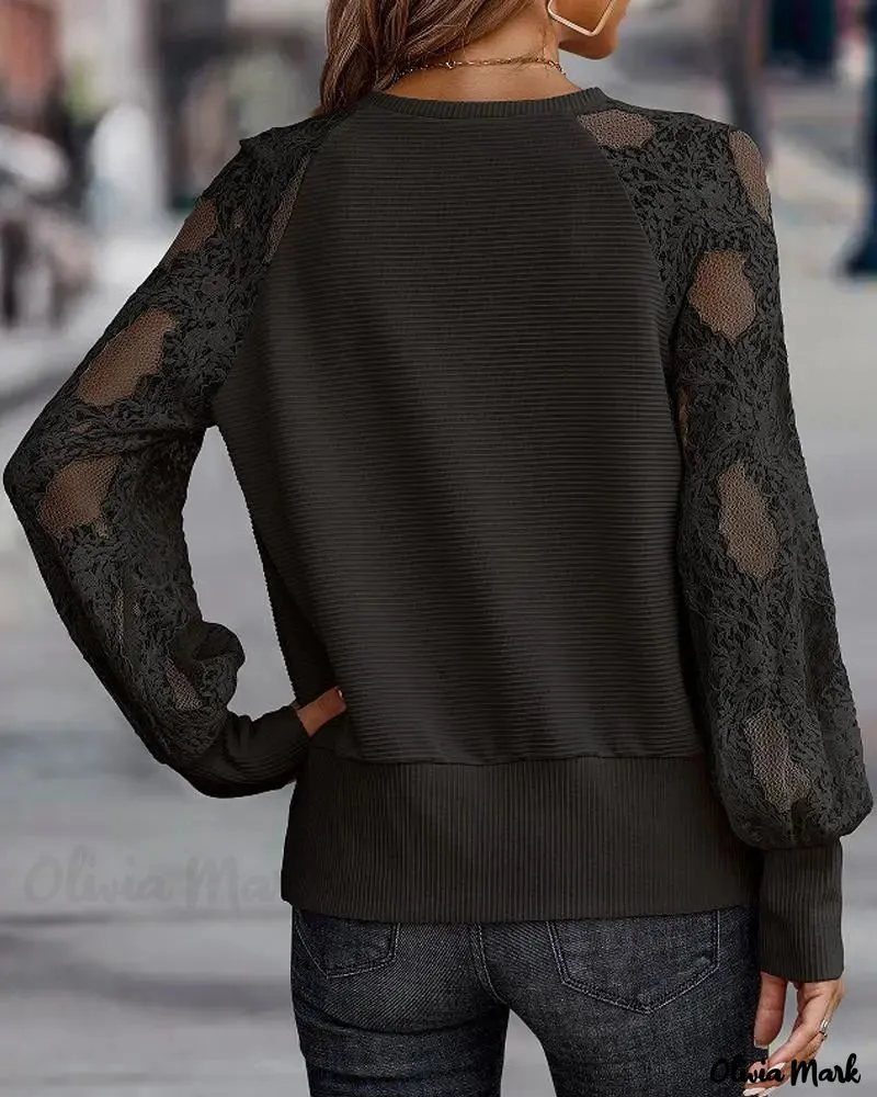 Xieyinshe - Contrast Lace Long Sleeve Top