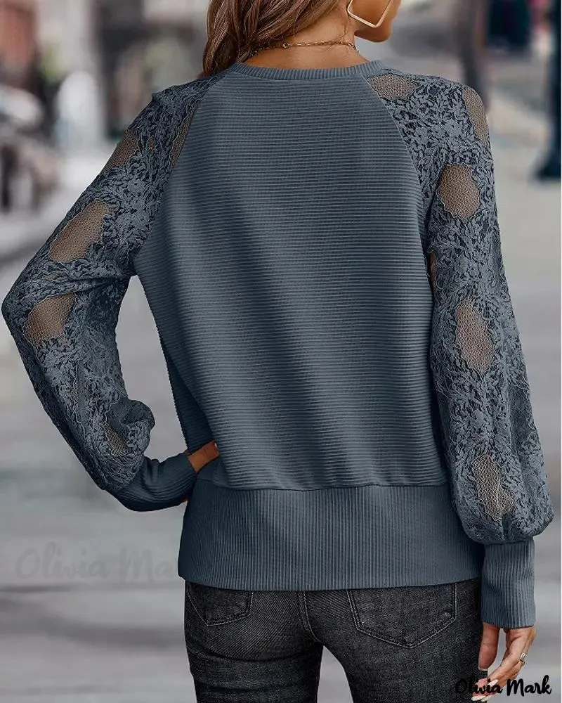 Xieyinshe - Contrast Lace Long Sleeve Top