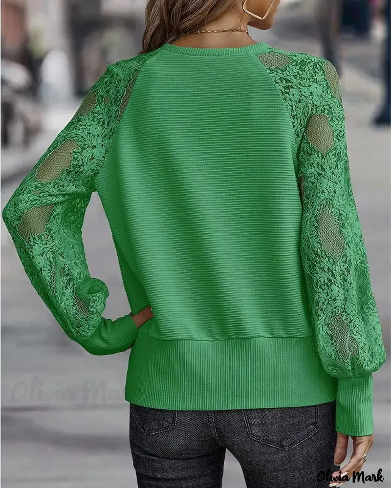 Xieyinshe - Contrast Lace Long Sleeve Top