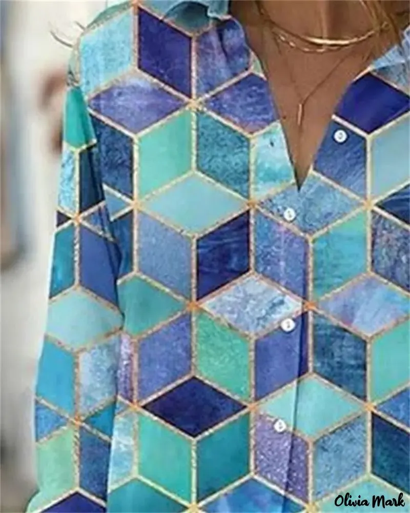 Xieyinshe - Geometric Print Long Sleeve Button Down Shirt