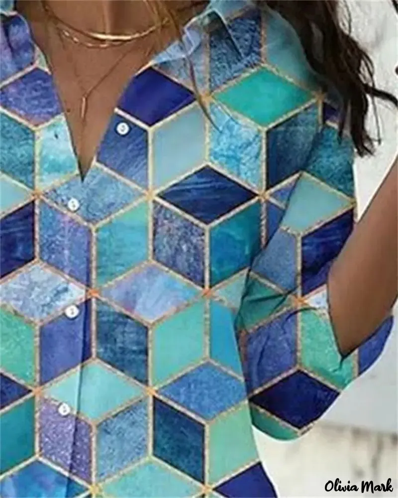 Xieyinshe - Geometric Print Long Sleeve Button Down Shirt