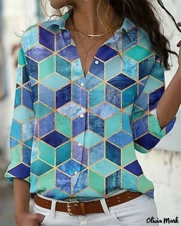 Xieyinshe - Geometric Print Long Sleeve Button Down Shirt