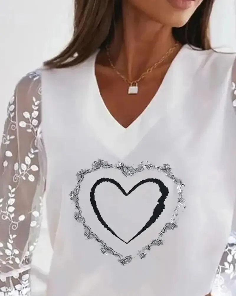 Xieyinshe - Heart Print Contrast Lace Long Sleeve Top
