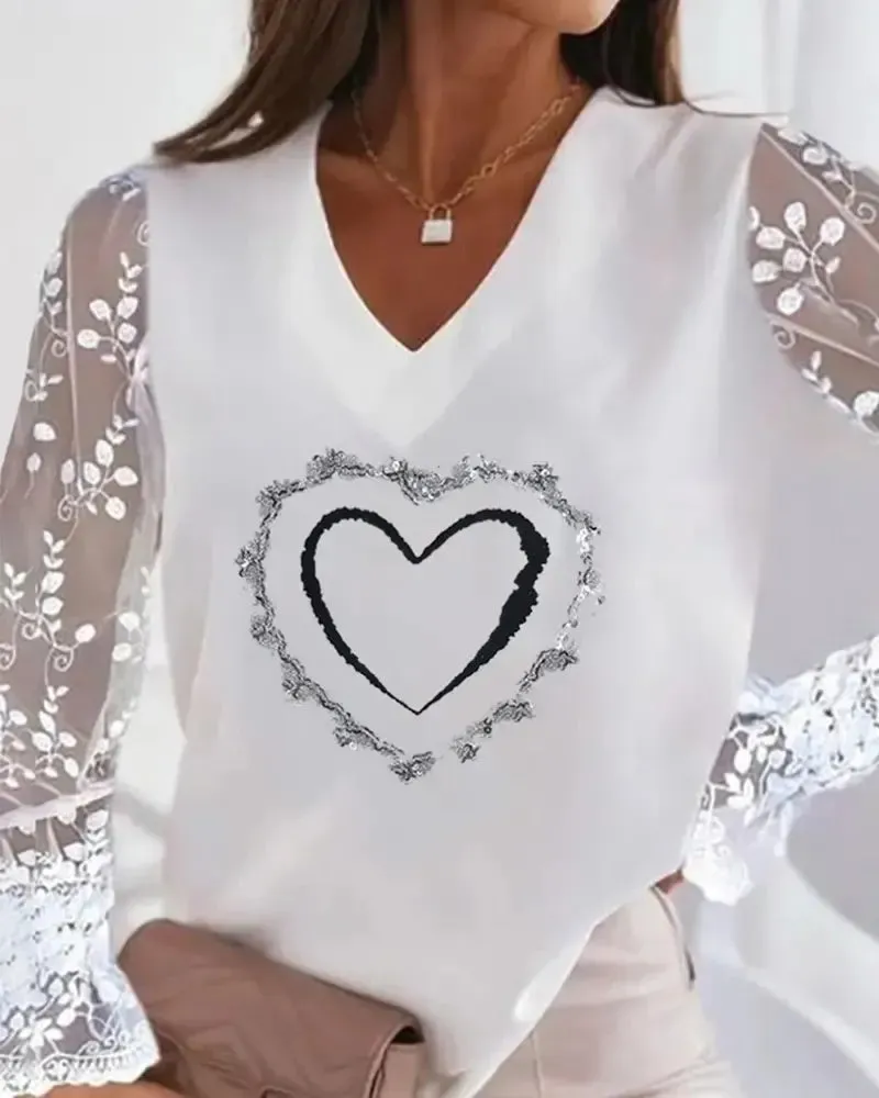Xieyinshe - Heart Print Contrast Lace Long Sleeve Top