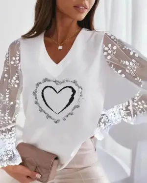 Xieyinshe - Heart Print Contrast Lace Long Sleeve Top