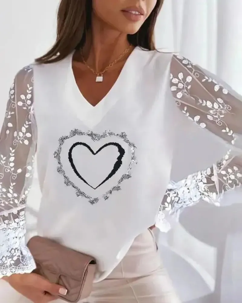 Xieyinshe - Heart Print Contrast Lace Long Sleeve Top