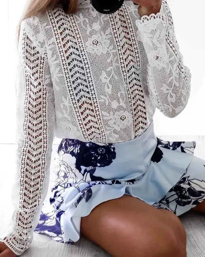 Xieyinshe - Hollow Out Floral Lace Long Sleeve Top