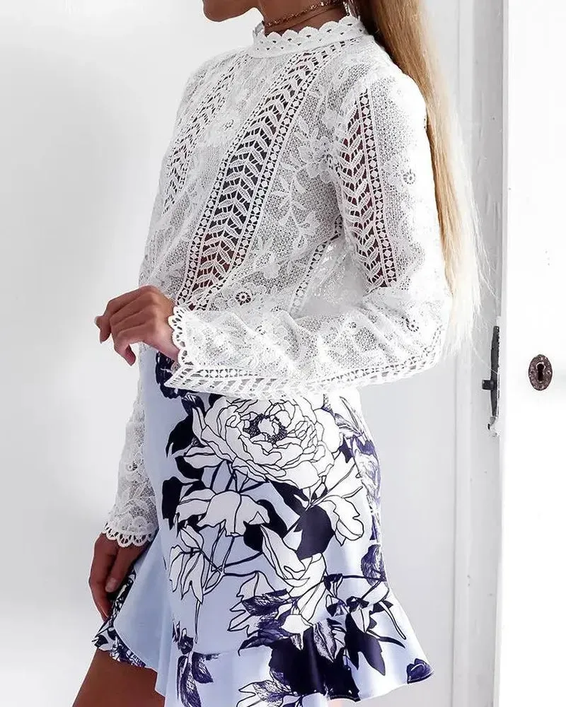Xieyinshe - Hollow Out Floral Lace Long Sleeve Top